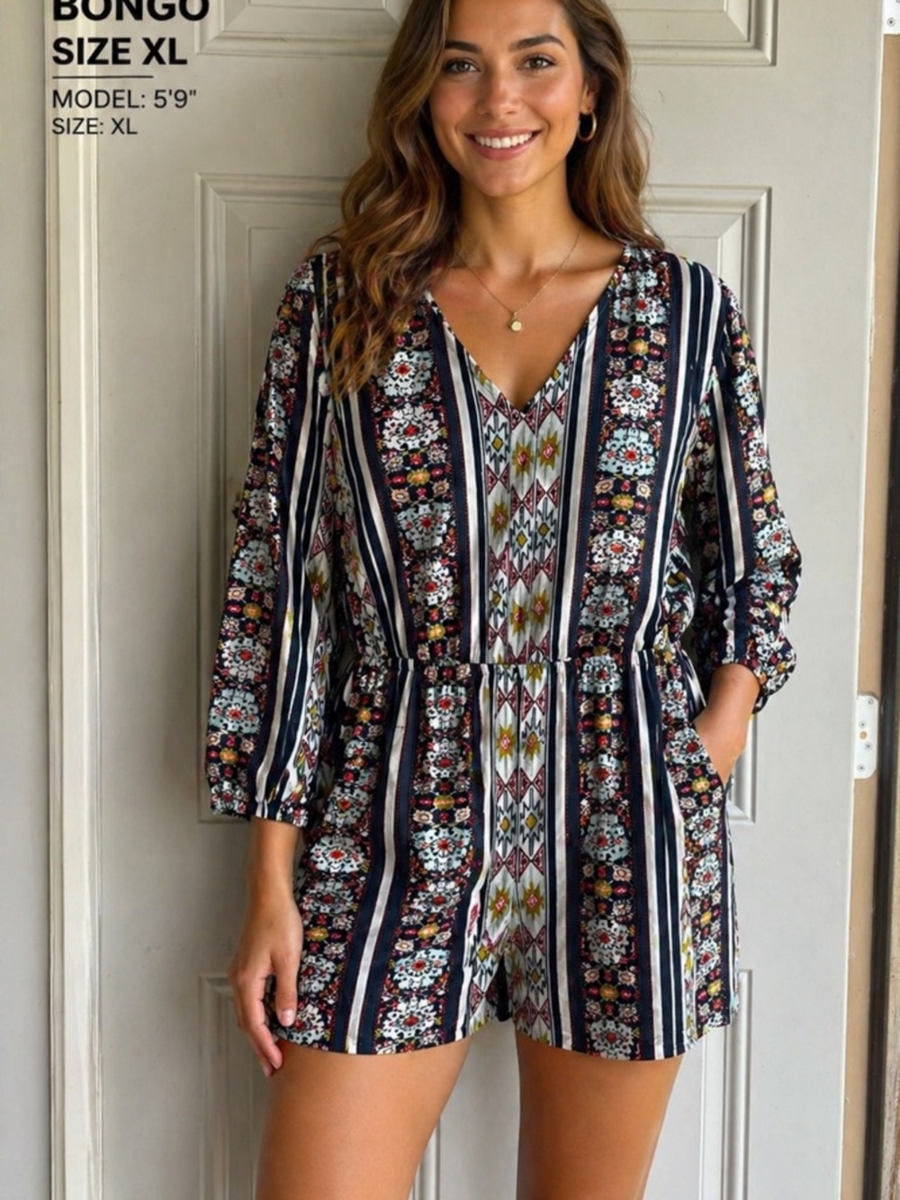 BONGO Navy Floral-Stripe V-Neck Tunic Romper